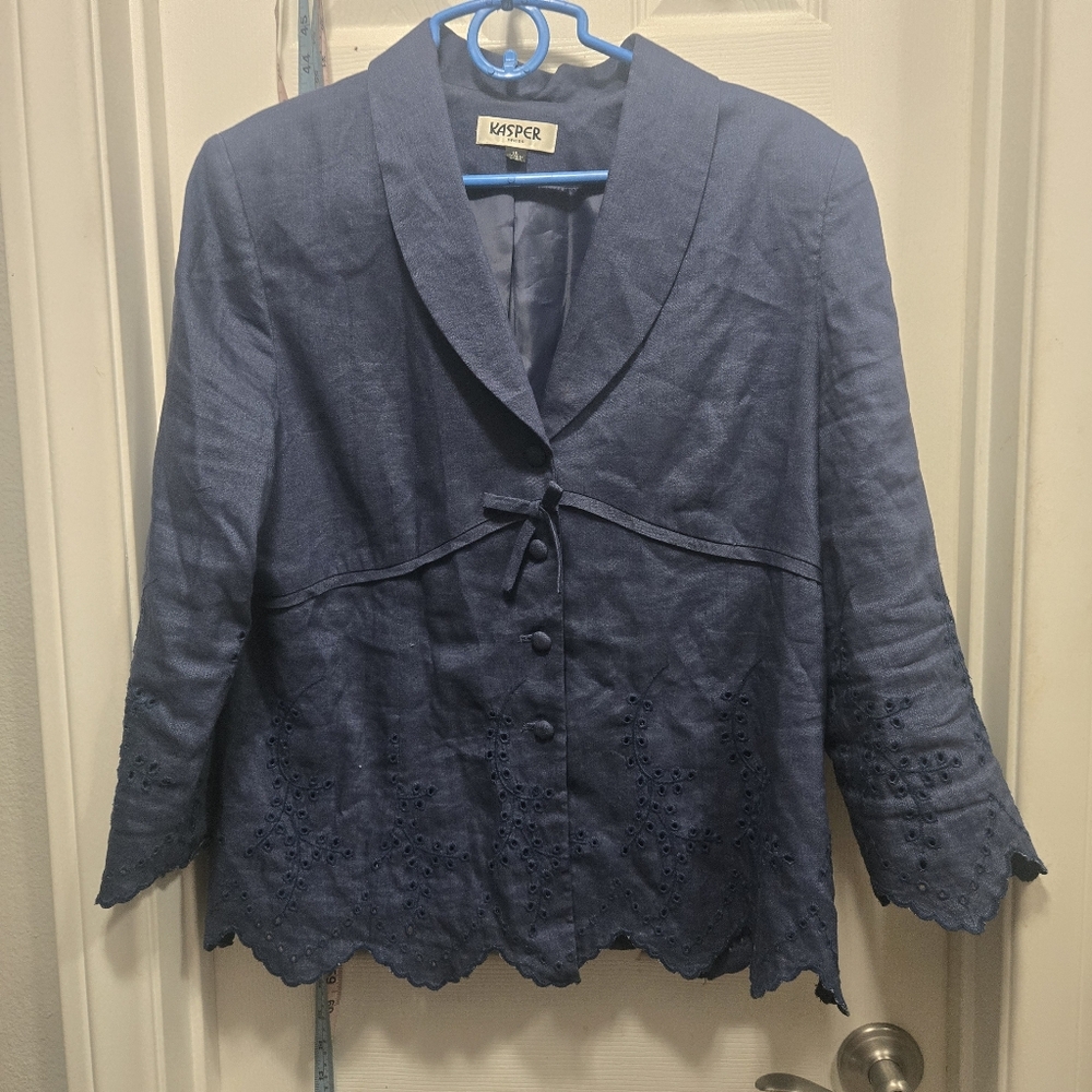 Kasper Vintage Navy Blue Linen/rayon Blazer with Embroidered Details Size 16